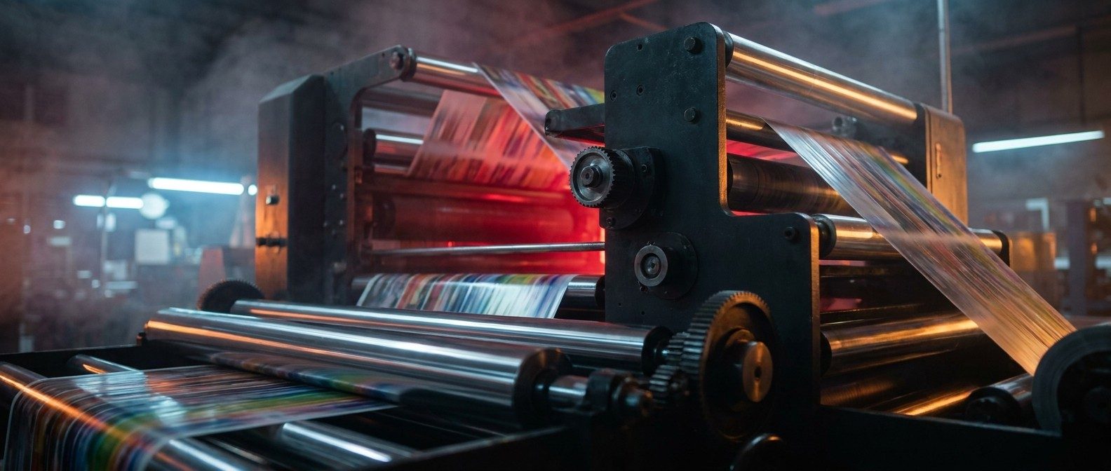 A rotogravure press running printed laminate film