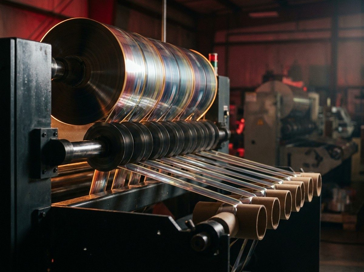 Slitting and rewinding printed film into narrow reels