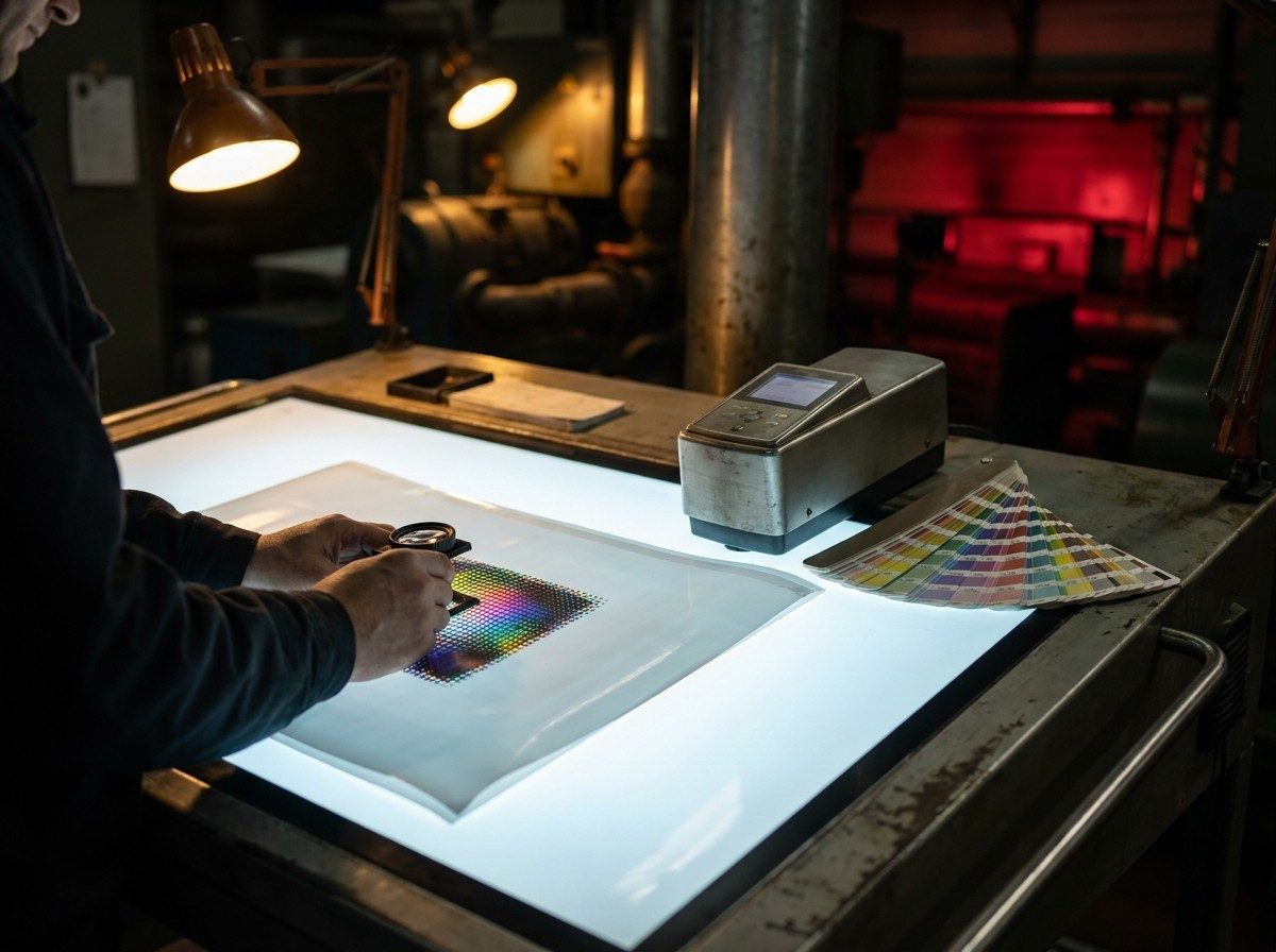 Print quality control — colour matching a printed laminate against the approved proof